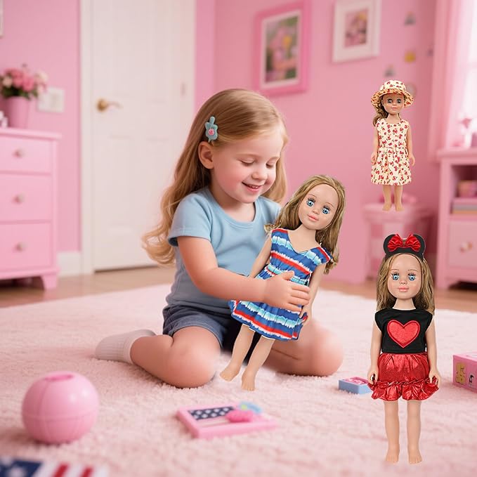 MSYO 10 Sets (18 Pcs) Doll Clothes for 17-18 Inch Dolls, Diverse Outfits (Floral Dress, Heart Print, Rainbow Shirt) & Casual Wear, Fashion Dress-Up Set