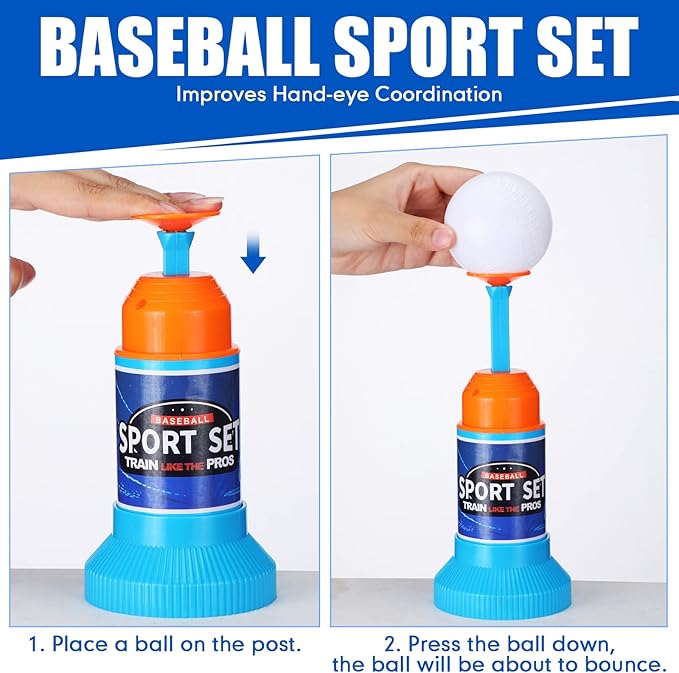 HyDren Baseball Pitching Set Includes Automatic Operation Pitching Machine Adjustable Collapsible Plastic Bat and 6 Balls Outdoor Indoor Sport Toy Games Christmas Kids Toddlers Gift
