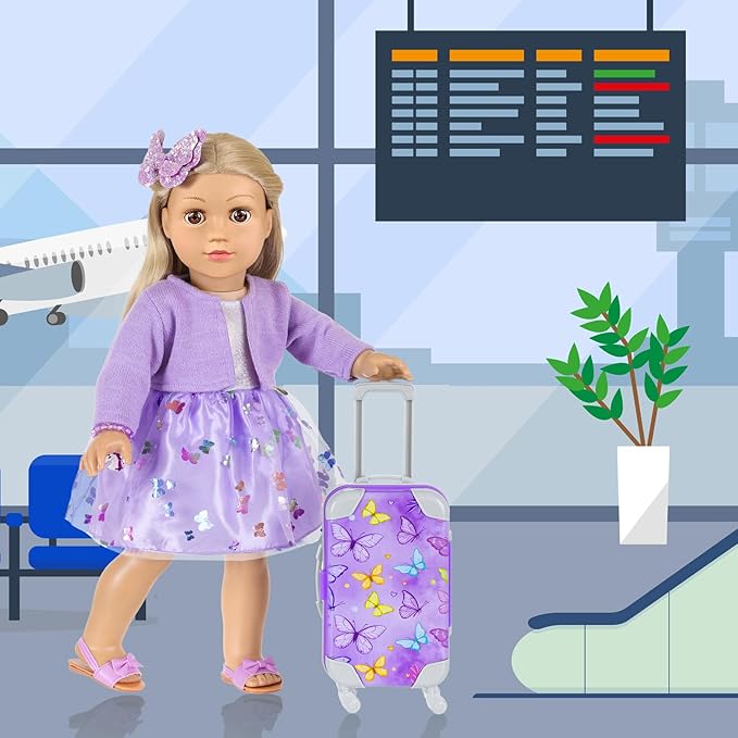 DONTNO American 18 Inch Doll Accessories with Travel Suitcase Makeup Play Set and Clothes,Shoulder Bag,Eye Shadow Plate,Butterfly Hairpin,Bracelet,Lipstick,Hair Tie,Eyelash Brush,No Doll and Shoes