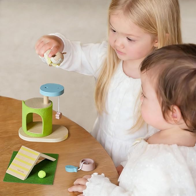 Tiny Land Wooden Dollhouse Animal Set for Toddlers, Dollhouse Accessories & Dolls House Furniture Sets for Toddlers, Montessori Pretend Play Family Pets Set Toys, Gift for Kids Age 3+