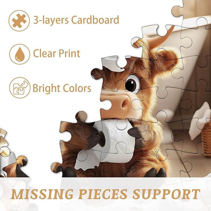 Highland Cow Puzzles for Adults 1000 Pieces,Cute Cow Jigsaw Puzzle, Funny Bathroom Calf Puzzles, Challenging Animal Theme as Wall Decor