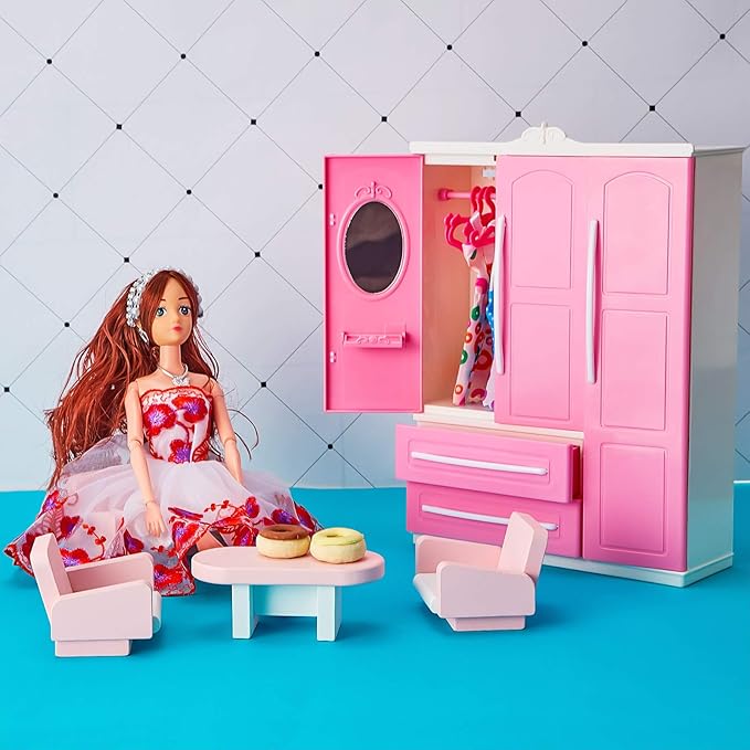 Doll Closet Furniture Wardrobe Clothing Organizer Doll Open Wardrobe Dollhouse Closet with 20 Pieces Hangers 2 Style Pink Plastic Hangers Dollhouse Furniture Accessories(Classic Style)