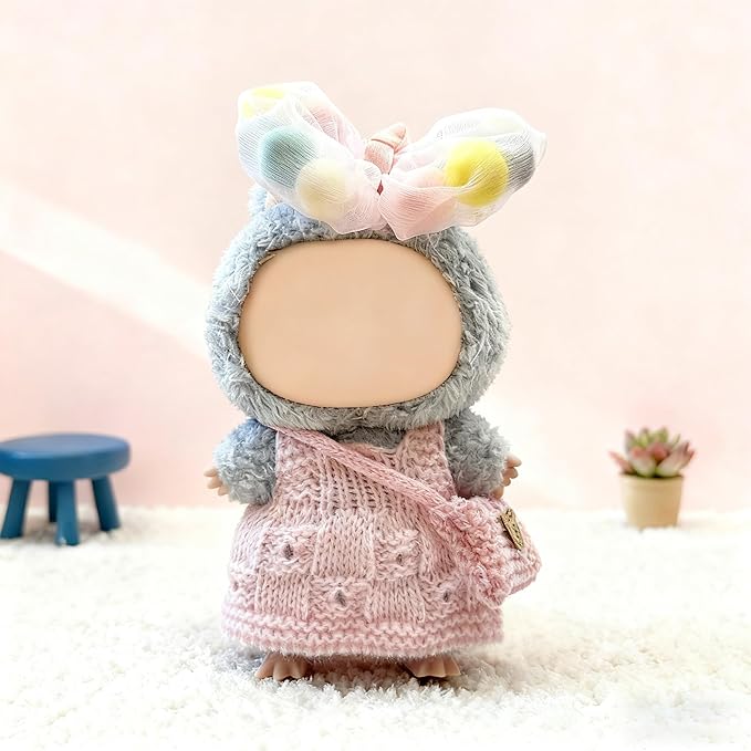 15 17cm Doll Clothes(NO Doll), Cute Dolls Outfit Accessories with Knitted Dress + Hair Clip + Bag, Small Kawaii Clothes Set for Dolls