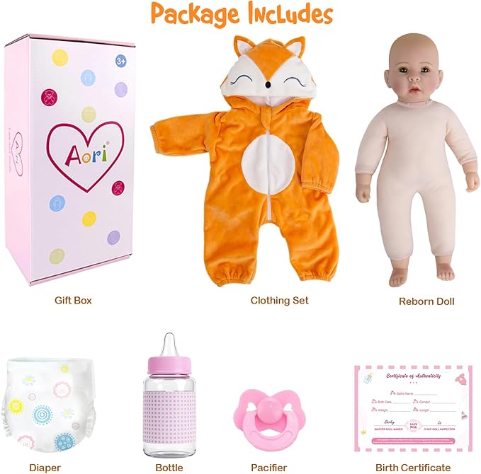 Aori Baby Dolls - 17 Inch Real Life Doll with Ultra Soft Body & Fox Outfits for Girls 3+ | Pretend Play, Adoption Day, Photography Prop, Collectible