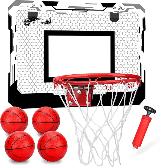Indoor Mini Basketball Hoop Set Gift for Kids Adults, Upgrade Over Door Hoop with 4 Rubber 6" Balls, Wall Mount Hoop for Bedroom Yard, Christmas Stocking Stuffer Gift for Boys Teen
