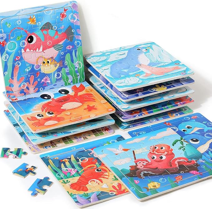 GRINNNIE Wooden Puzzle for Toddlers 3 4 5 Years Old, 12 PCS Jigsaw Ocean Animals Puzzles Preschool Learning Toys for Travel or Car, Birthday for Boys and Girls (Pack of 2)