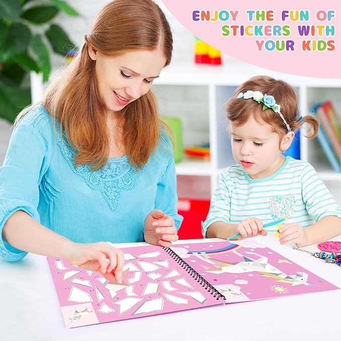 homicozy 4PCS Sticker Paint Books for Kids Ages 4-10,Unicorn Mermaid Animals Designs Paint By Stickers,Sticker By Numbers,Party Birthday Gifts for Girls 4-10,Create 40 Pictures One Stickers at A Time