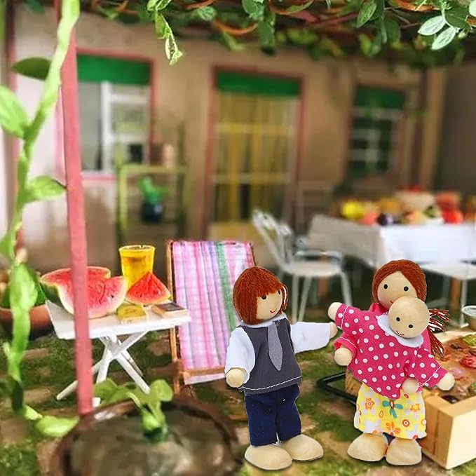 ONEST 18 Pieces Wooden Dollhouse Family Set Mini People Figures Dog Cat Sets Dollhouses Dolls Wooden Doll Family Pretend Play Figures Accessories for Pretend Dollhouse Toy
