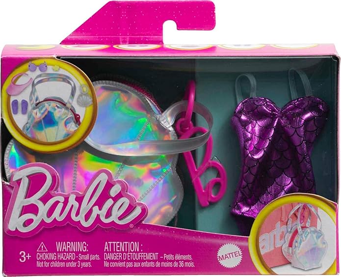 Barbie Clothes Set, Beach-Themed with Swimsuit, 5 Acessories & Zippered Doll-Sized Shell-Shaped Bag with Clip-On Ring, Iridescent