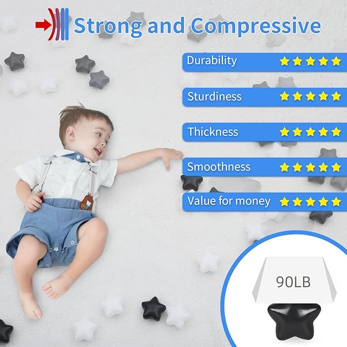 STARBOLO Baby Ball Pit Balls - 100pcs Star Balls for Ball Pit Plastic Ball Baby Play Ball Playhouse Playpen, Black/Gray/White Stars for Brithday Party Decoration.