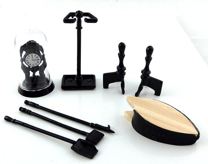 Melody Jane Dolls House Victorian Fireplace Companion Set & Clock Black Miniature Accessory