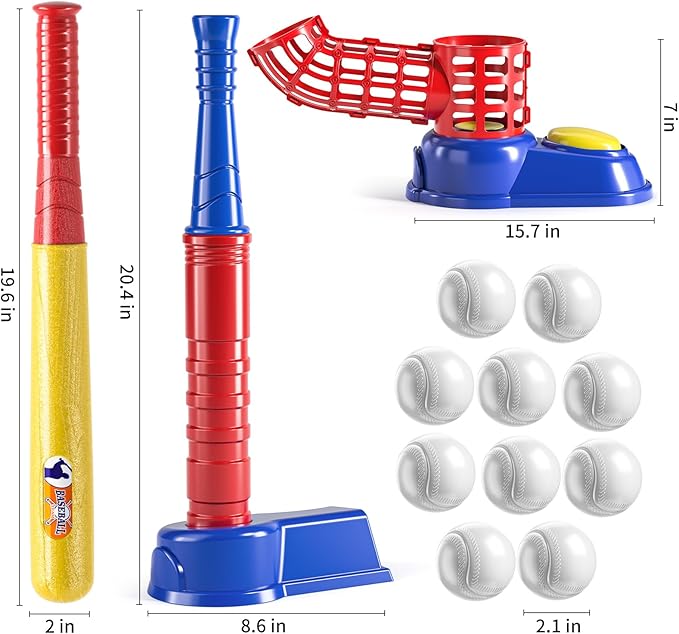2 in 1 T Ball Sets for Kids 3-5,Tee Ball Set with 10 Balls,Step on Pitching Machine,Teeball Batting Tee,Baseball Toys Outdoor/Indoor Sport Toys Gift for 3 4 5 6 7 8 Year Old Kids Boys Girls