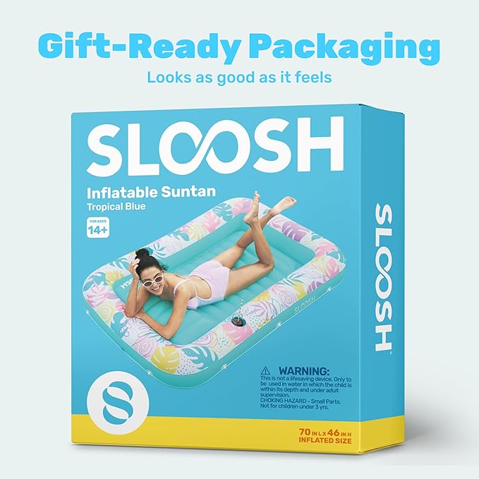 SLOOSH Inflatable Tanning Pool Lounger Float, 70" x 46" Pool Floats Adult with Pillow, 4 in 1 Suntan Tub Raft Floatie,Sunbathing Bed Lounge for Water Blow Up Ball Pit Party Gifts, L-Tropical Blue
