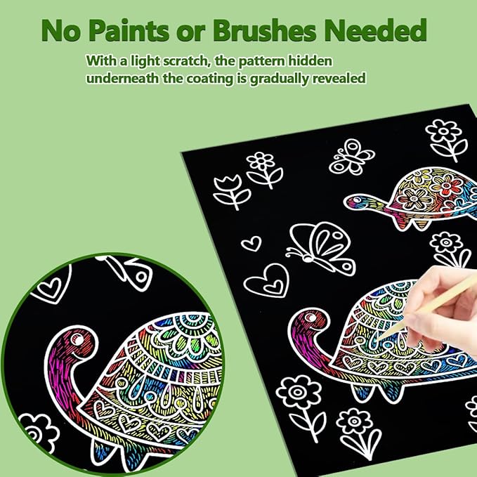 JUNQIU Scratch Art for Kids, Rainbow Scratch Paper Art Set - Animals, Arts and Crafts for Girls Boys Ages 4-8, Activity & Christmas Crafts, Stocking Stuffers for Kids