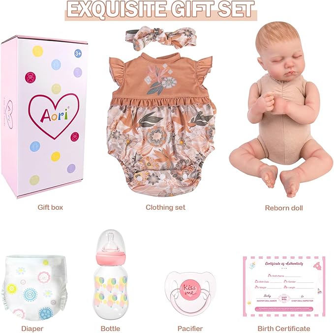 Aori Lifelike Reborn Baby Dolls - Realistic 20-Inch Newborn Real Life Baby Girl Doll with Poseable Limbs and Feeding Kit, Set for Kids 3+