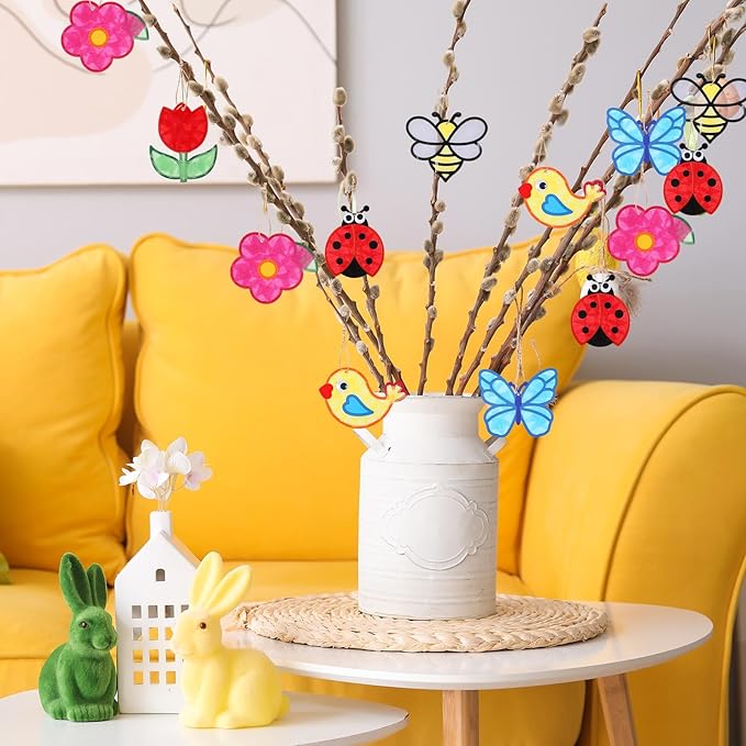 24 Sets Spring Crafts Kit DIY Flower Paper Crafts with Colored Tissue Paper Stickers Floral Bee Insect Butterfly Ornaments Suncatcher for Window Classroom Activity Project Party Gifts Home