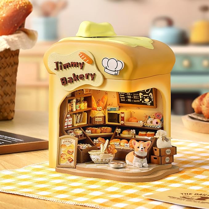 TuKIIE DIY Miniature House Kit with Furniture, 1:100 Scale Creative Room Mini Wooden Dollhouse Book Nook Plus Music Movement for Kids Teens Adults(Bakery Shop)