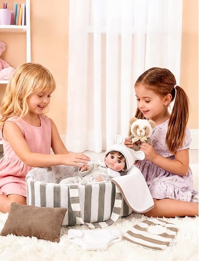 10 Pcs Baby Doll Accessories, Reborn Baby Doll Clothes with Bassinet for 17-22 Inch Realistic Baby Dolls, Pretend Play Outfit Set