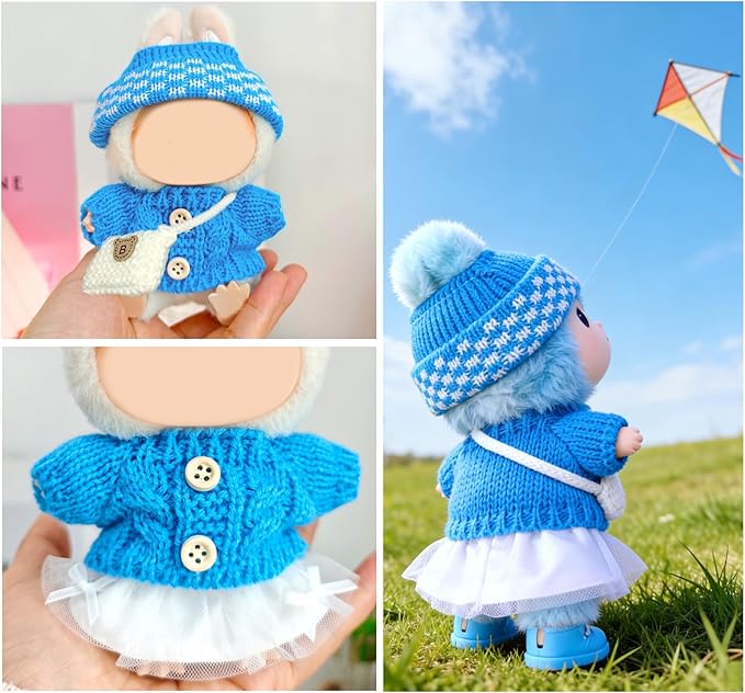 17cm Doll Clothes for Lububu,Outfits Set with Hand-Crocheted Blue Sweater, Hat, Skirt, Shoes and Bag, Designer Clothing and Accessories for Macarons Series Dolls Dress-Up(Blue Sweater Skirt)