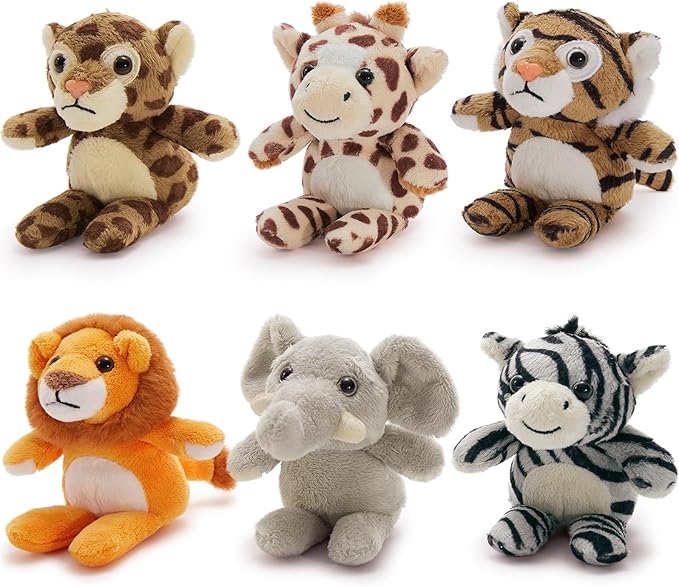Tezituor 6 Pack Small Stuffed Animals Keychain,Cute Forest Animal Keychain Bulk,6" Mini Plush Toys,Lion/Tiger/Cheetah/Elephant/Giraffe/Zebra Kids Backpack Charm for Christmas, Easter, Birthday