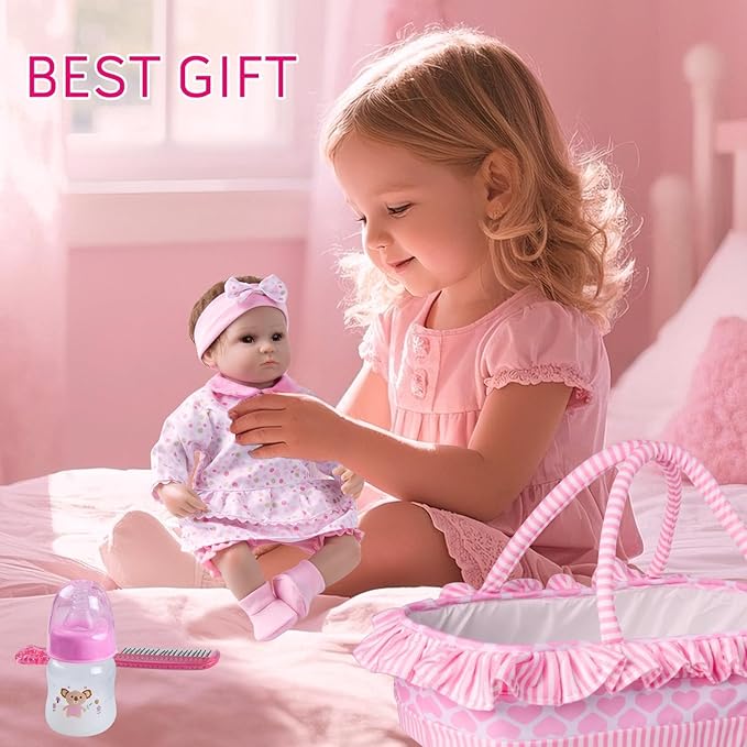 10 Pcs Reborn Baby Doll Clothes Pink Outfit Accessories for 16-18 Inch Reborn Dolls Newborn Baby Girl Clothes Set with Bassinet