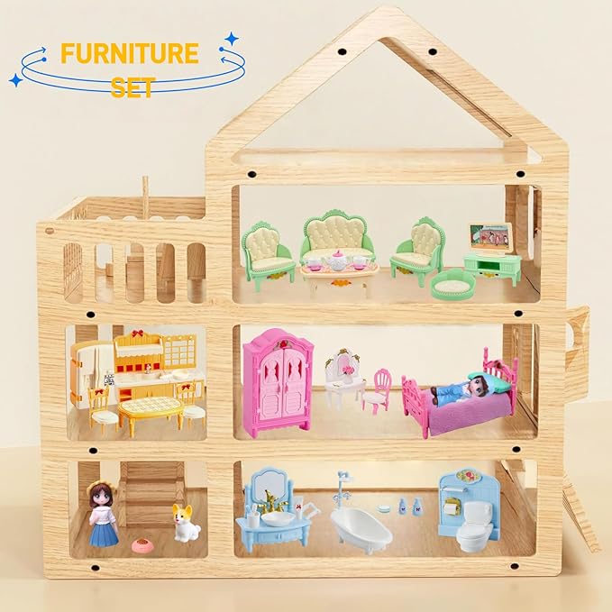 Princess Dollhouse Furniture Set, 48 Piece Luxury Miniature Accessories Collection with Living Room, Bathroom, Bedroom,Kitchen, TV Entertainment Set (Multi-Color)