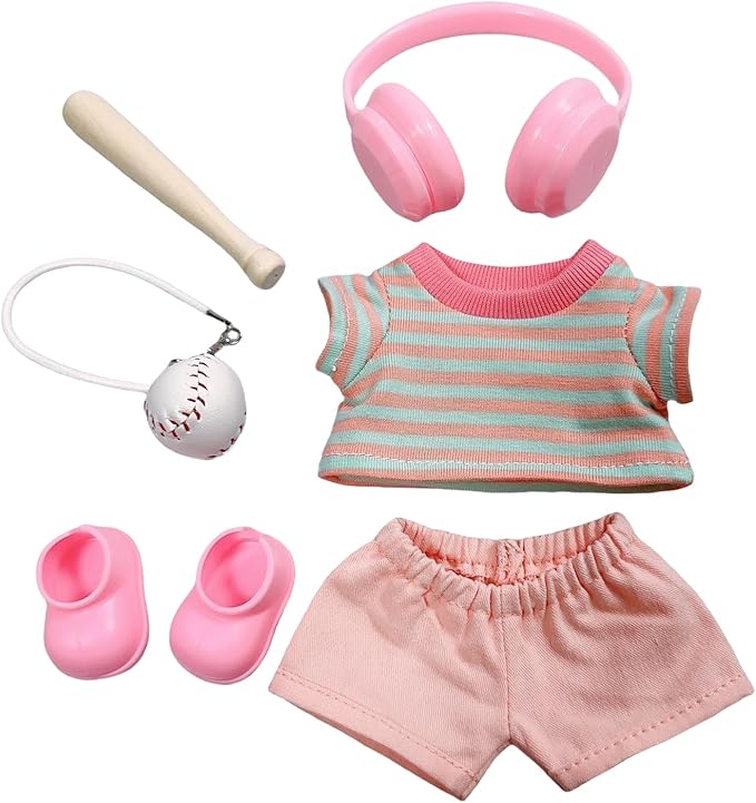 15cm/17cm Doll Outfit Suitable for Labubu Clothes –Sports Wear Outfits Gym Dolls Accessories for Dressing Up (No Doll Included) (C-Pink Stripe Baseball Suit 6-Piece Sets)
