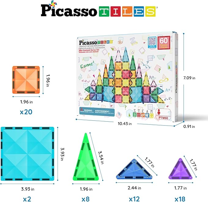 PicassoTiles 60 pcs Mini Magnetic Tiles Magnet Toys Travel-Friendly On-The-Go Building Blocks for Kids Compact Lightweight Creative playset Preschool Montessori Early Learning STEM Kids Toy Ages 3+.