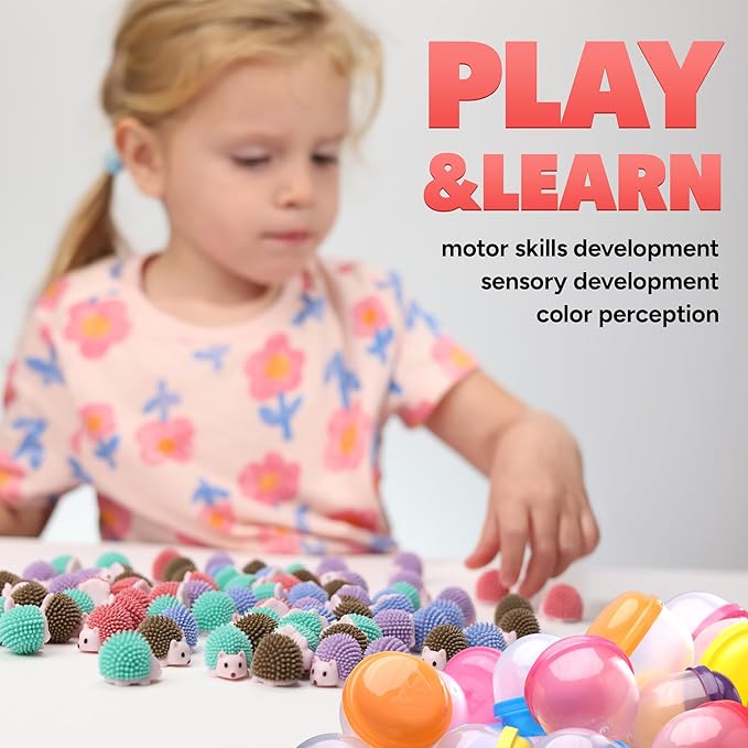 Entervending Hedgehog Mini Toys for Kids in Capsules - 50 Pcs of 1.1 Inch Plastic Capsule & Hedgehog Toy Figurines for Kids - Bulk Toys in Capsules - Easter Basket Stuffers