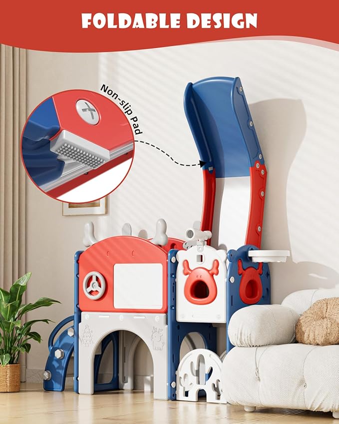 XJD Toddler Slide,12 in 1 Kids Slide for Toddlers 1-3, New Upgrade with Golf Set, Basketball Hoop, Drawing Board for Indoor Outdoor Playset,Toddler Playground (Red Blue)
