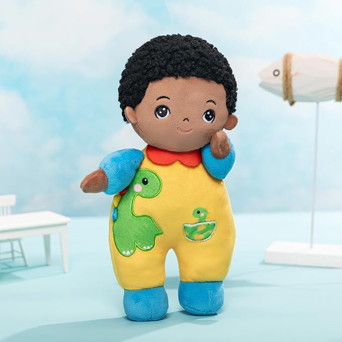 OUOZZZ Black Boy Baby Doll 10" - First Birthday Toys for 1 Year Old Boy, Ideal 1 Year Old Boy Gifts & Baby Boy Gifts, Snuggle Buddy for Infants Dinosaur Toy