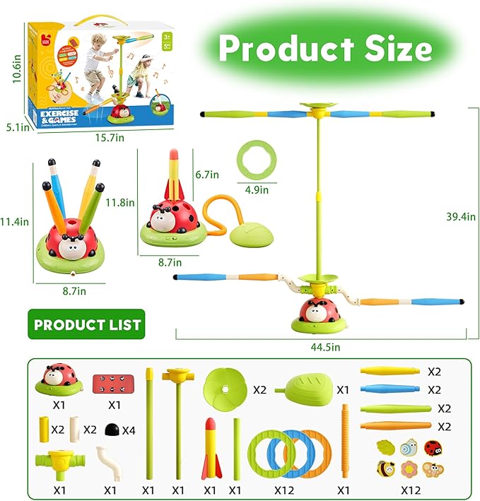 5 in 1 Musical Jump Toys, Toss Ring Game Stomping Launch Rocket Launcher for Kids, Obstacle Avoidance & Jump Squating Toy Games Remote Control Outdoor & Indoor Toys for Ages 4-8 8-13