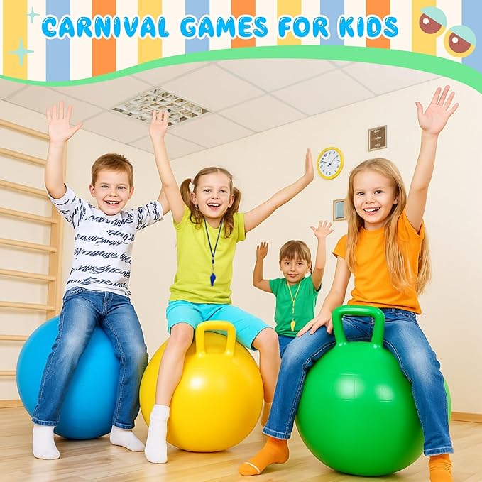 Soulchen 11 Pcs Carnival Outdoor Games Set with 4 Pieces 20 Inch Hopper Balls with Handle 1 Air Pump 2 Whistles 4 Plastic Medals Fall Festival Christmas Yard Games for Adult Boys Girls