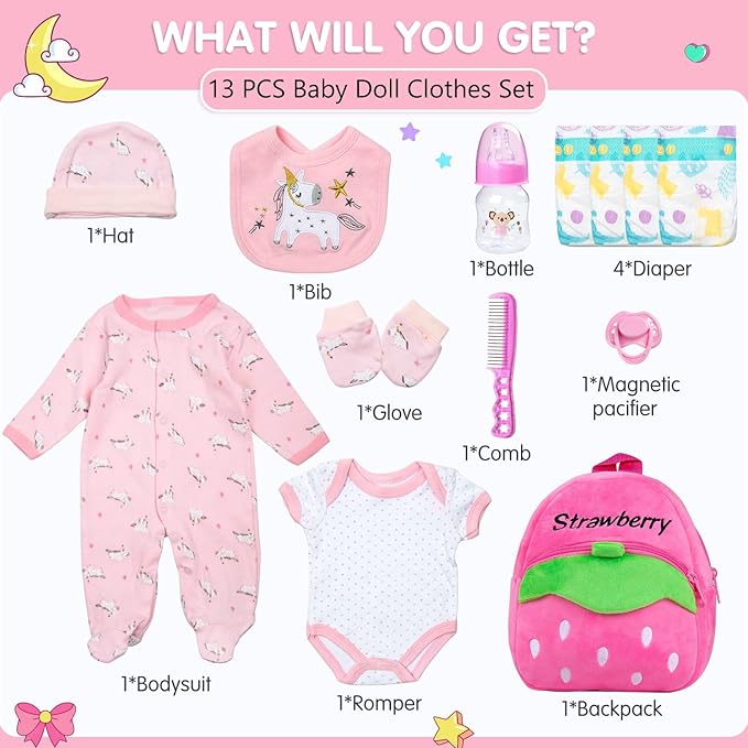 13Pcs Reborn Baby Doll Clothes 17-22 Inch Realistic Girl Doll Outfits Pink Babydoll Clothes with Backpack Fedding Baby Doll Accessories Set Pretend Playset Stuffs