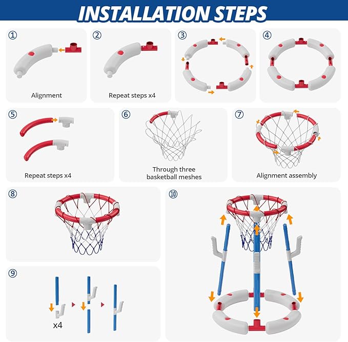 2 in 1 Pool Basketball Hoop with Backboard & Ring Toss Game, Floating Pool Toy - Anti-Tip Stable Base - with 4 Balls/8 Rings/Pump - Summer Water Indoor Outdoor Toy Gifts for Kids 4-8 & Adults, Red