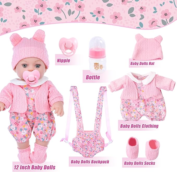 DOTVOSY 12" Baby Doll Set with Clothes and Baby Carrier for Dolls Reborn Baby Doll Accessories Include Feeding Bottles Nipple Toy Stuffs for Kids Age 3+