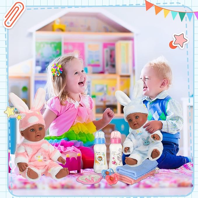Jerify 10 Pcs Realistic Twin Baby Dolls Toy Set Include 2 Pcs 12 Inch Baby Dolls, Feeding Set, Pacifiers, Doll Diapers, Bags, Milk Bottles Removable Outfit for Toddler Kids 6+ Gift(Black)