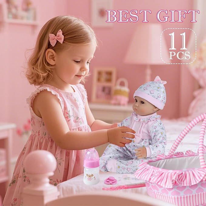 PEDOLLTREE 11 Pcs Reborn Baby Dolls Clothes Girl Pink Chick Outfit Accessories for 16-18 Inch Reborn Doll Newborn Girl with Pink Heart Bassinet