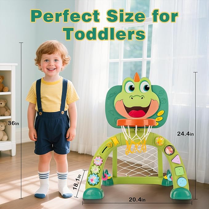 Basketball Hoop & Soccer Goal for Toddlers: Activity Center for 1 2 3 Year Old Boys Girls - Dinosaur Sports Toy with Lights & Music - Educational Interactive Toy Gift for Baby Kids Christmas Birthday