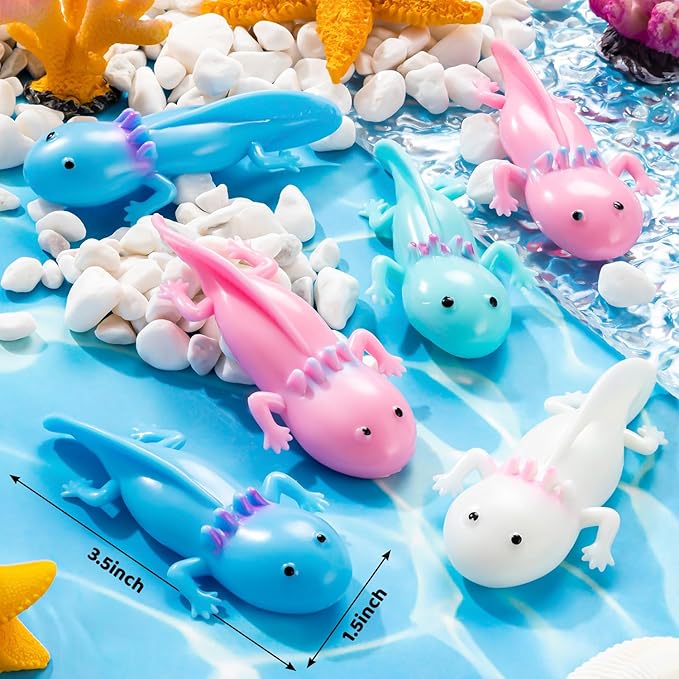 64PCS Axolotl Rubber Toy Bulk Cute Axolotl Finger Slingshot Novelty Toy Salamander Animal Sensory Toys for Child Stress Relief Axolotls Party Favors Gifts Decor (4 Color)