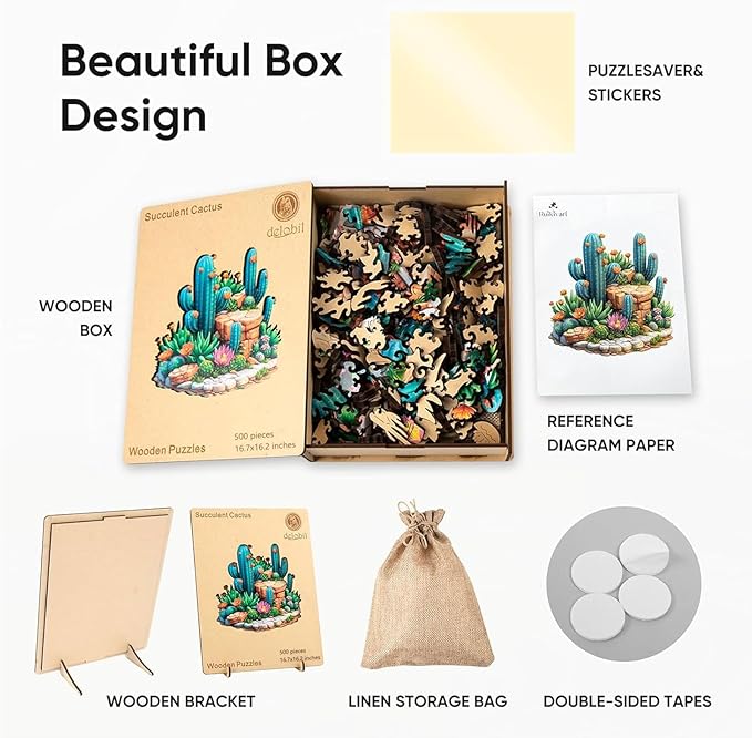 Delobil Succulent Cactus Wooden Puzzles for Adults, 500 Pieces Jigsaw Puzzles, Unique Shaped Wood Puzzle Gift for Adults and Kids, Family Game 16.7'' x 16.2''