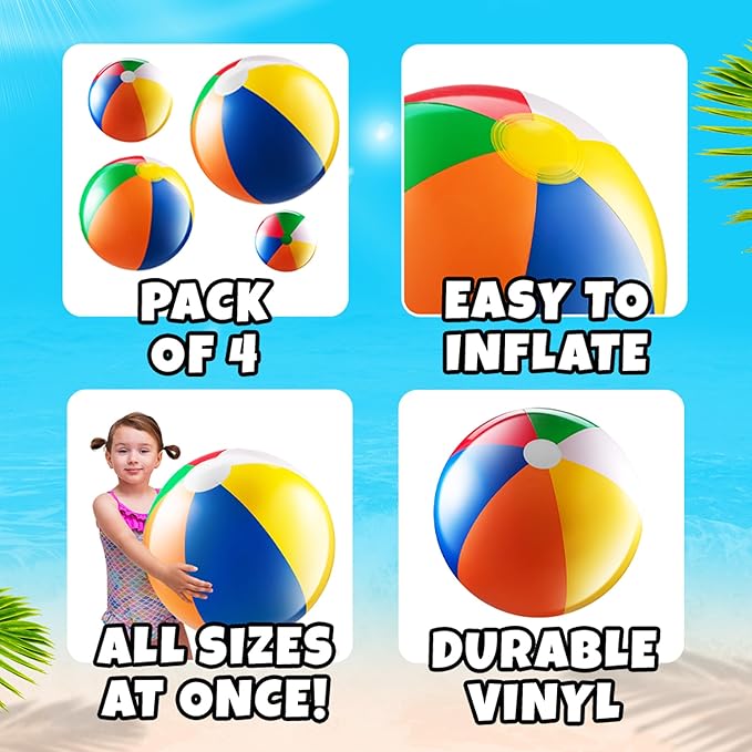 Bedwina 4-Pcs Assorted Inflatable Beach Balls - Rainbow Beach Balls for Kids in 6", 12", 16", 24" Sizes - Colorful Blow Up Pool Toys for Beach Games, Summer Party Decor & Outdoor Fun