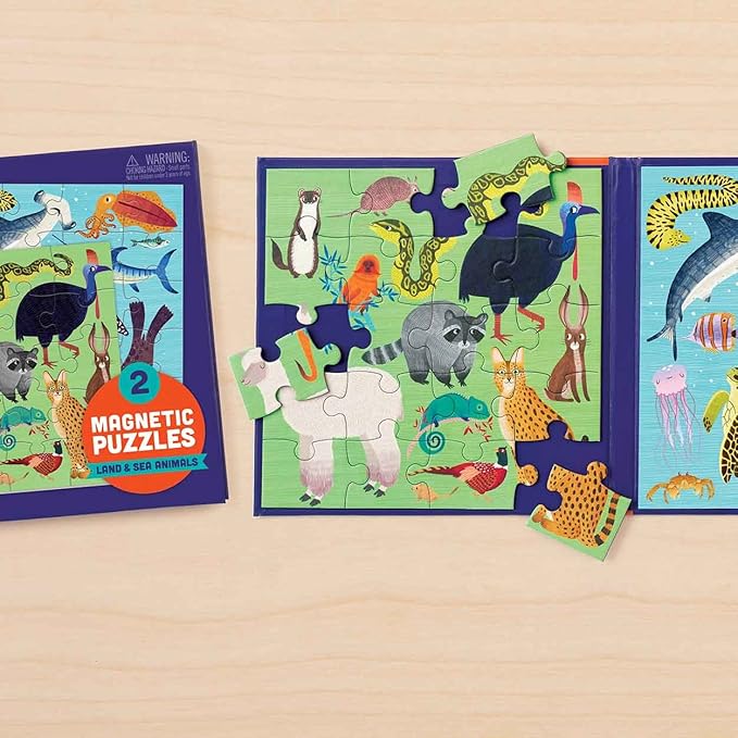 Mudpuppy Land & Sea Animals - Tri Fold Magnetic Puzzles Featuring Two 20 Piece Animal Themed Artwork