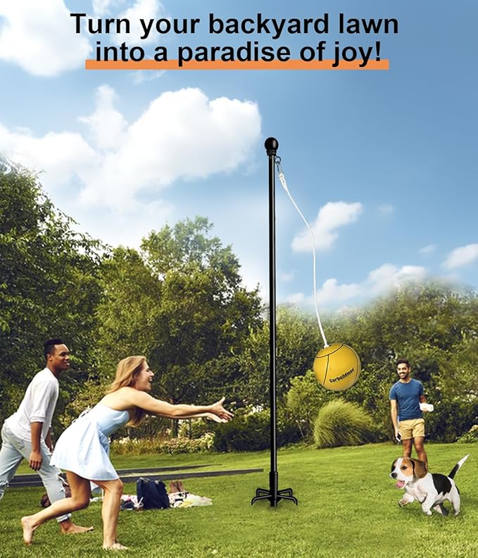 Garbuildman Tetherball Set with Ball & Rope for Outdoor Backyard, Adjustable Tether Ball Pole with Reinforced 5-Prong Base for Playground, Outside Ball Games Sports for Kids & Adults, Black