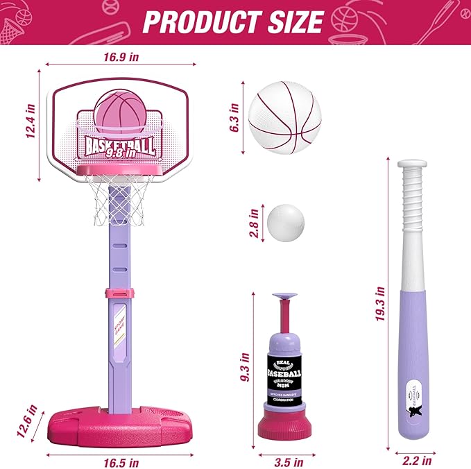2 in 1 Toddler Basketball Hoop and T Ball Set with Automatic Pitching Machine - Adjustable Height, Kids Basketball Hoop Suit for Indoor/Outdoor, Sport Toys Gifts for Girls Age 3-8, Pink