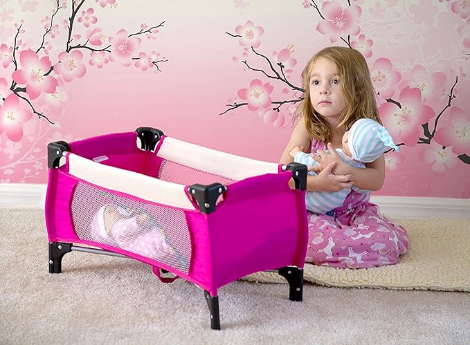 fash n kolor 4 Piece Pink Baby Doll Set, Includes - 1 Pack n Play with Carry Bag, 2 Doll Stroller, 3 Doll High Chair, 4 Infant Seat,