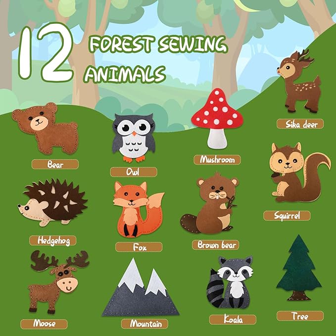 GOASION Sewing Kit for Kids, Woodland Animals Kids Sewing Kit, Pre Punched Design for DIY Hanging Decorations, Sewing Tit for Beginners Age 8-12, Boys & Girls Birthday Gift