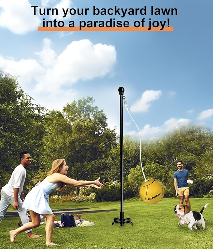 Garbuildman Tetherball Set with Ball & Rope for Outdoor Backyard, Adjustable Tether Ball Pole with Reinforced 5-Prong Base for Playground, Outside Ball Games Sports for Kids & Adults, Black