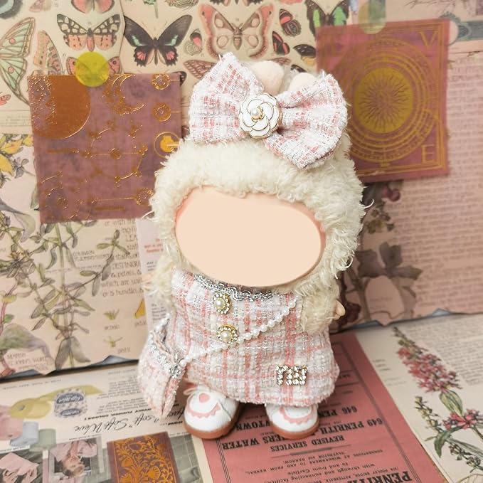 Clothes Compatible with LABUBU Doll – 4PCS Pink Tweed Charm Set, 17cm Doll Clothes Designer Outfit for Romantic Pastel Theme, Chic Stylish Accessories for Labubu, No Doll (Peachy Tweed Daydream)