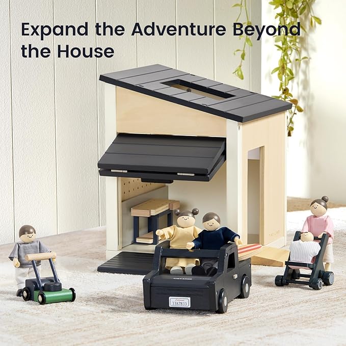 Tiny Land Wooden Dollhouse People Set, 5-Piece Poseable Wooden Doll Family with Dad, Mom, Brother, Sister, Baby and Stroller, Dollhouse Accessories Toy Pretend Play Gift for Kids Ages 3+